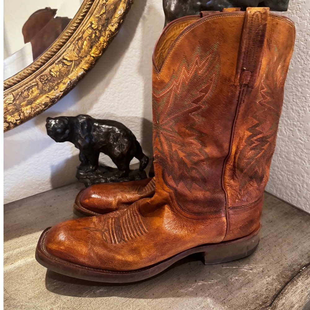 Lucchese Mens Brown Leather Western Cowboy Boots Square Toe Size 10 D